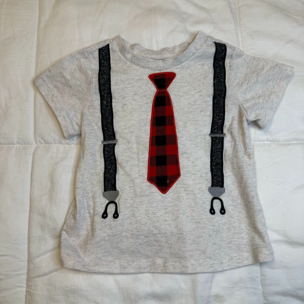 First Impressions 18M Gray Buffalo Plaid Tie Suspender Graphic Tee